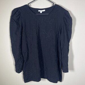 Chico's Women's Black Puff Sleeve Embroidered Floral Top 3 (XL)